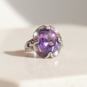 Vintage Silver Ring Amethyst Gem Statement Cocktail Ring Marked 10K Gold Plated